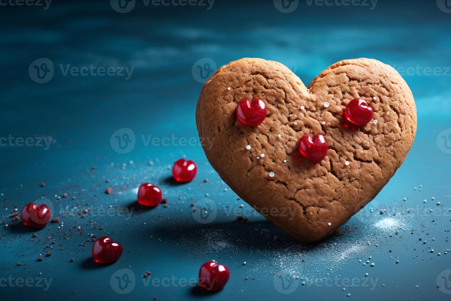 AI generated Baked affection Heart shaped cookie with red heart on blue backdrop photo