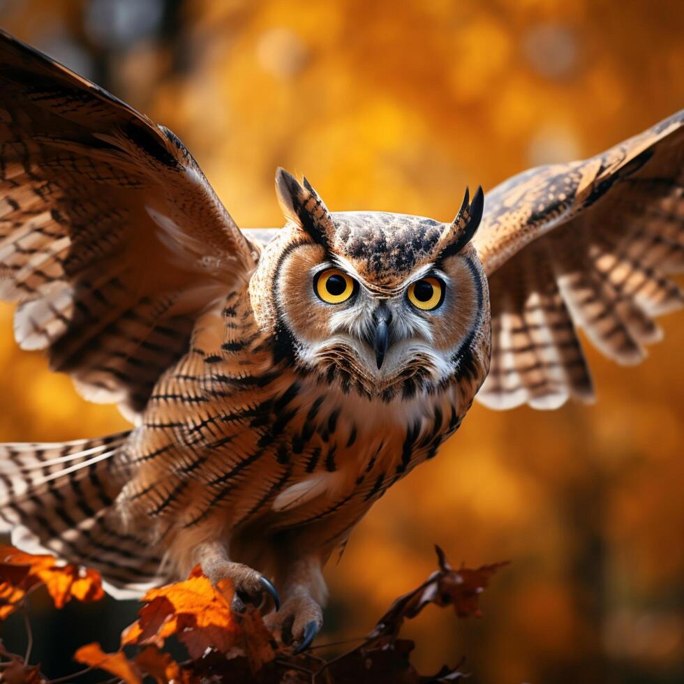 AI generated Ethereal flight Owl glides against a canvas of autumn leaves For Social Media Post Size photo