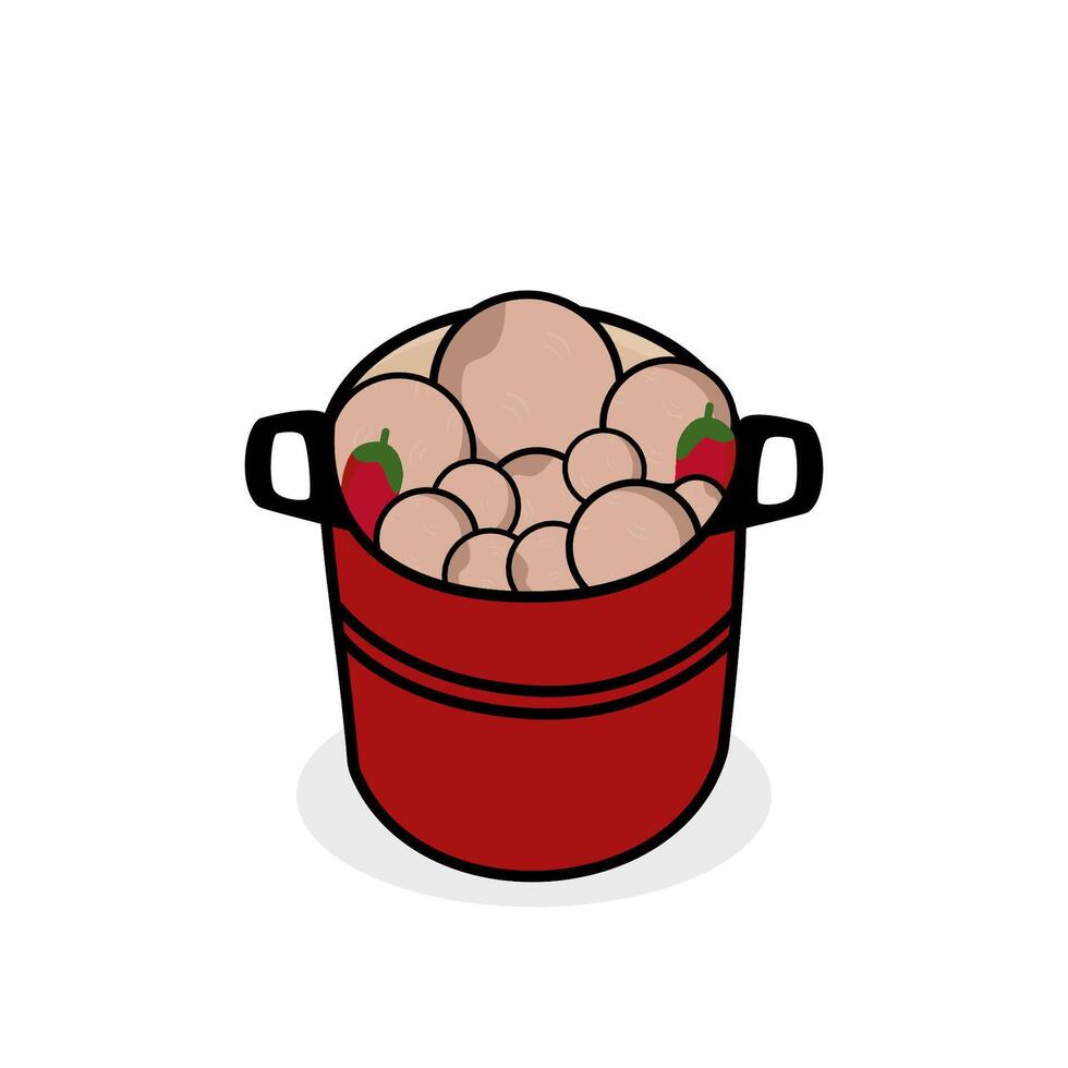 flat illustration of boiled meatballs in a red pot isolated on a white background vector