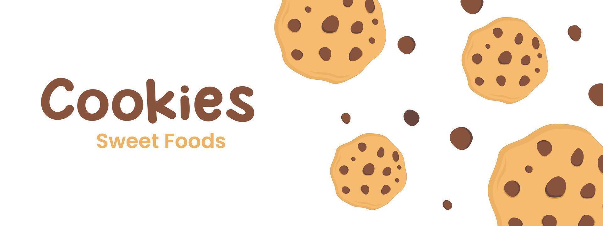 cartoon illustration of chocolate chip butter cookies with copy space for text in the form of a banner or background vector