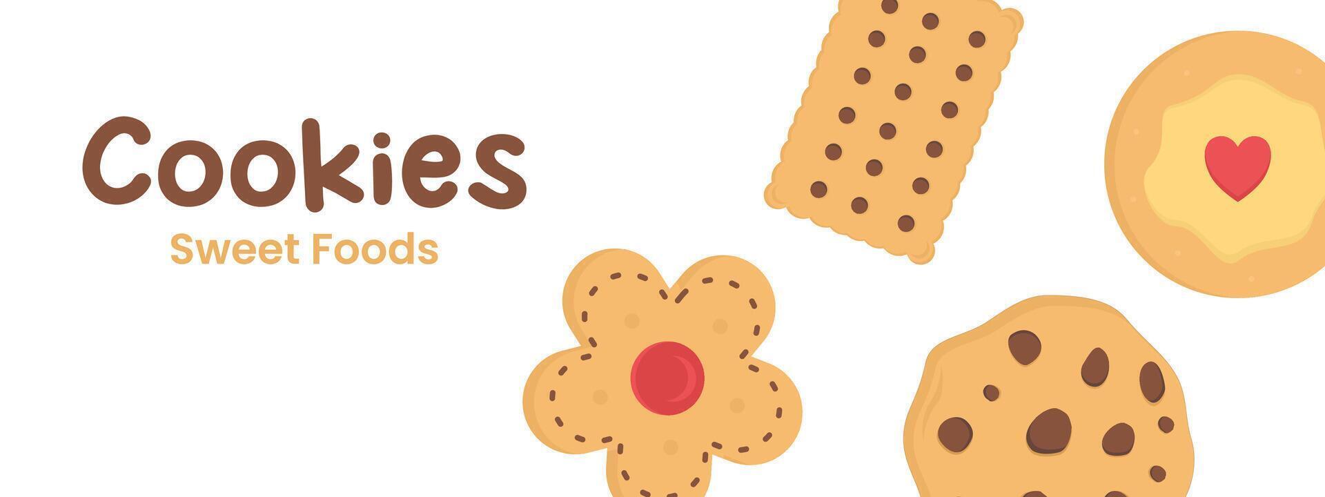 cartoon illustration of chocolate chip butter cookies with copy space for text in the form of a banner or background vector