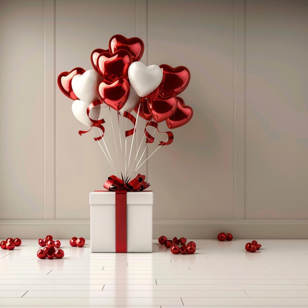 AI generated Love themed mockup Matte white box, shiny red ribbon, heart balloons For Social Media Post Size photo