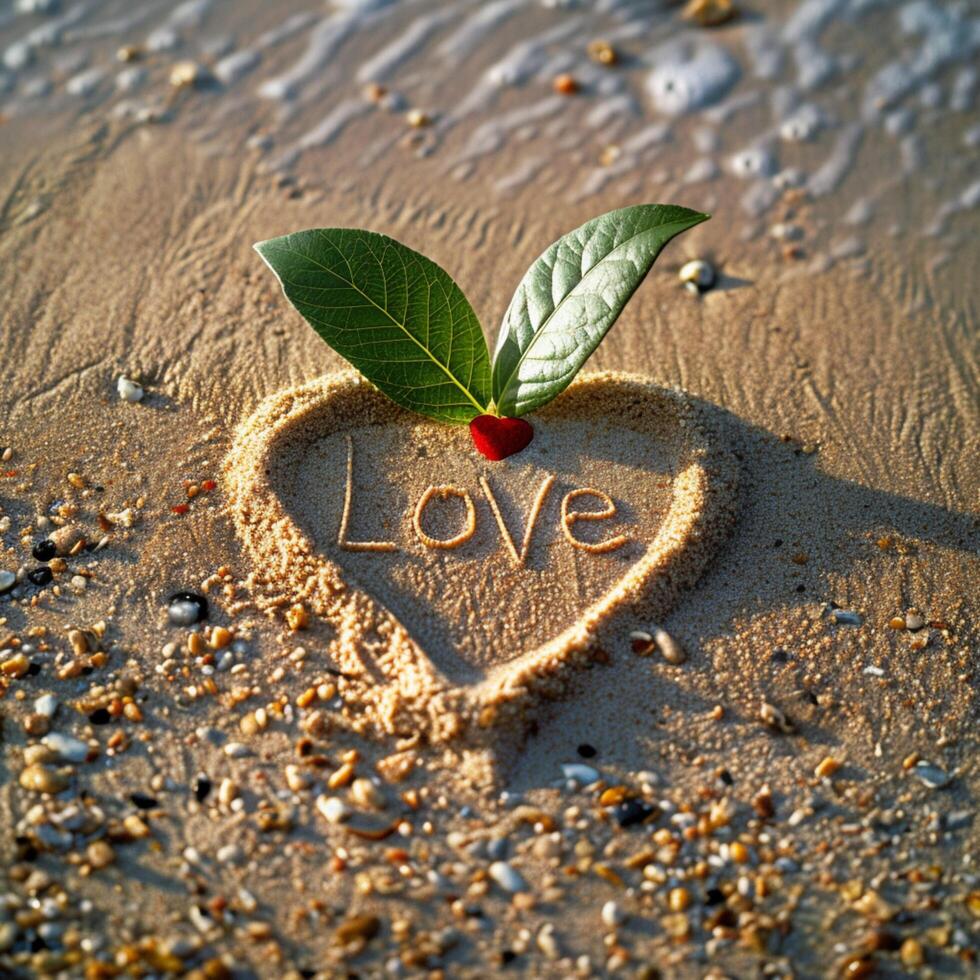 AI generated Romantic gesture Love inscribed on sand with heart shaped leaf accent For Social Media Post Size photo