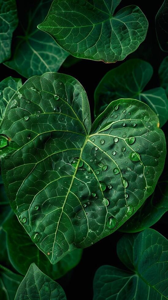 AI generated Image Close up of rain kissed green leaves, water droplets glisten delicately Vertical Mobile Wallpaper photo