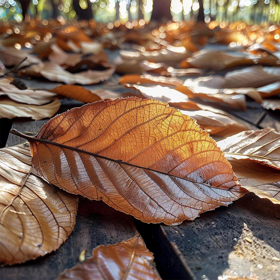 AI generated Sun kissed dry leaves in the morning light, natures autumn charm For Social Media Post Size photo