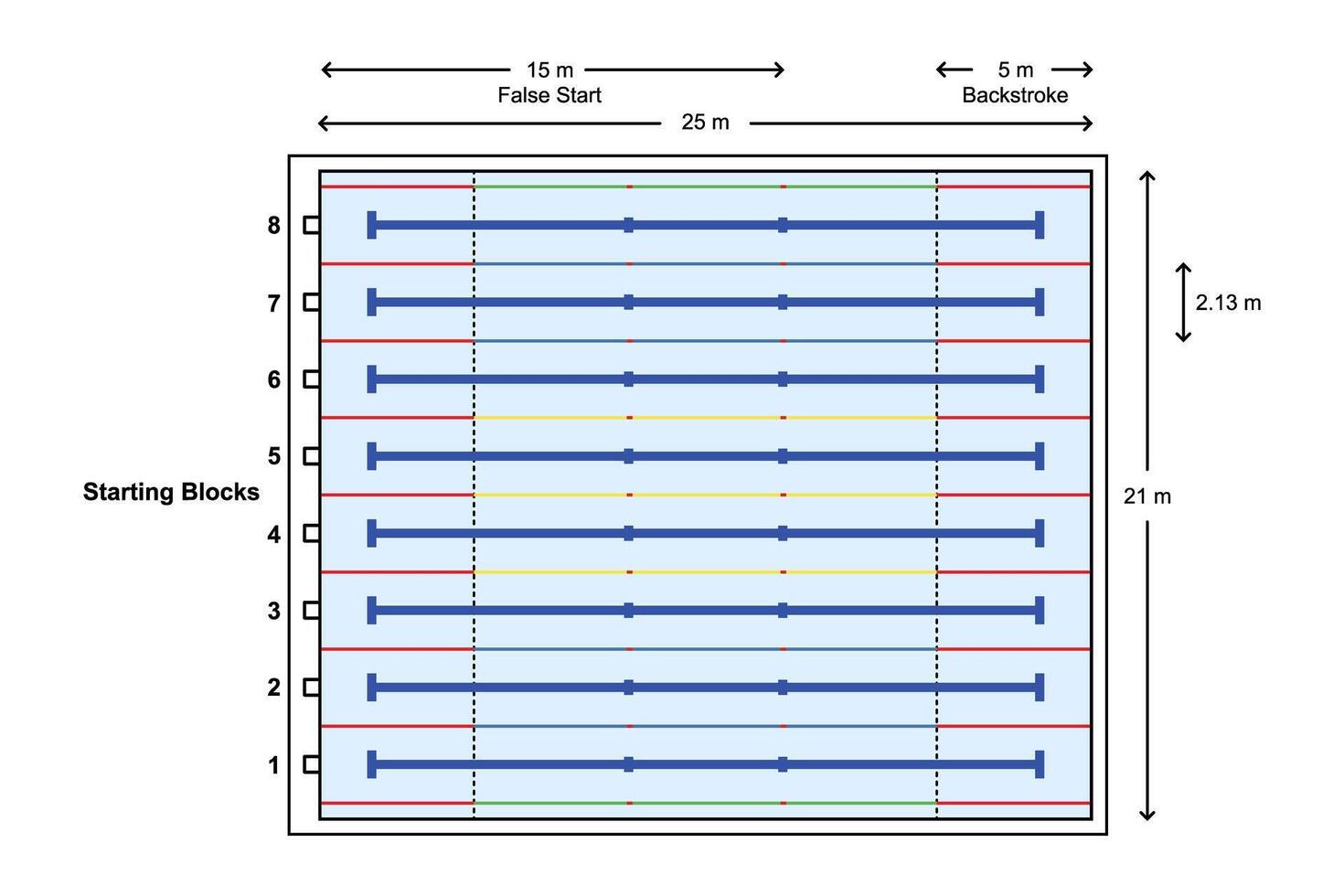 25 meters Standard swimming pool eight lane layout dimensions outline color style 39662943