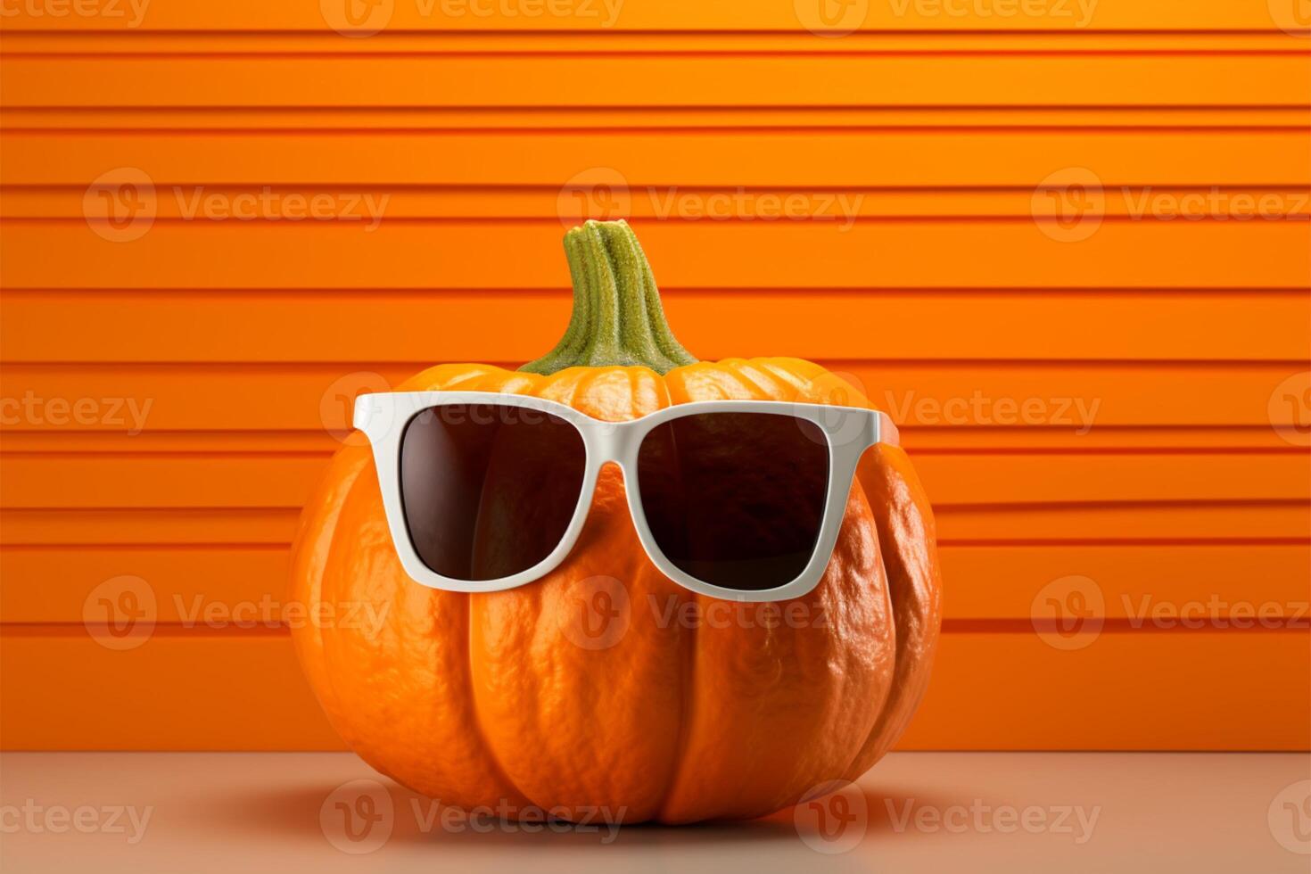 ai generado juguetón calabaza 3d ilustración, calabaza vistiendo Gafas de sol en naranja antecedentes foto