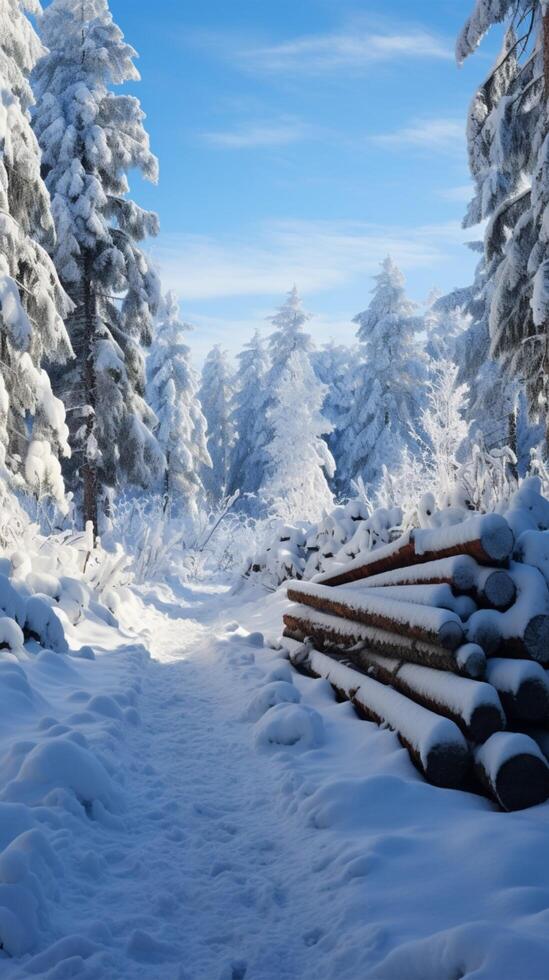 AI generated Snowy forest scene Logs and trees covered in snow Vertical Mobile Wallpaper photo