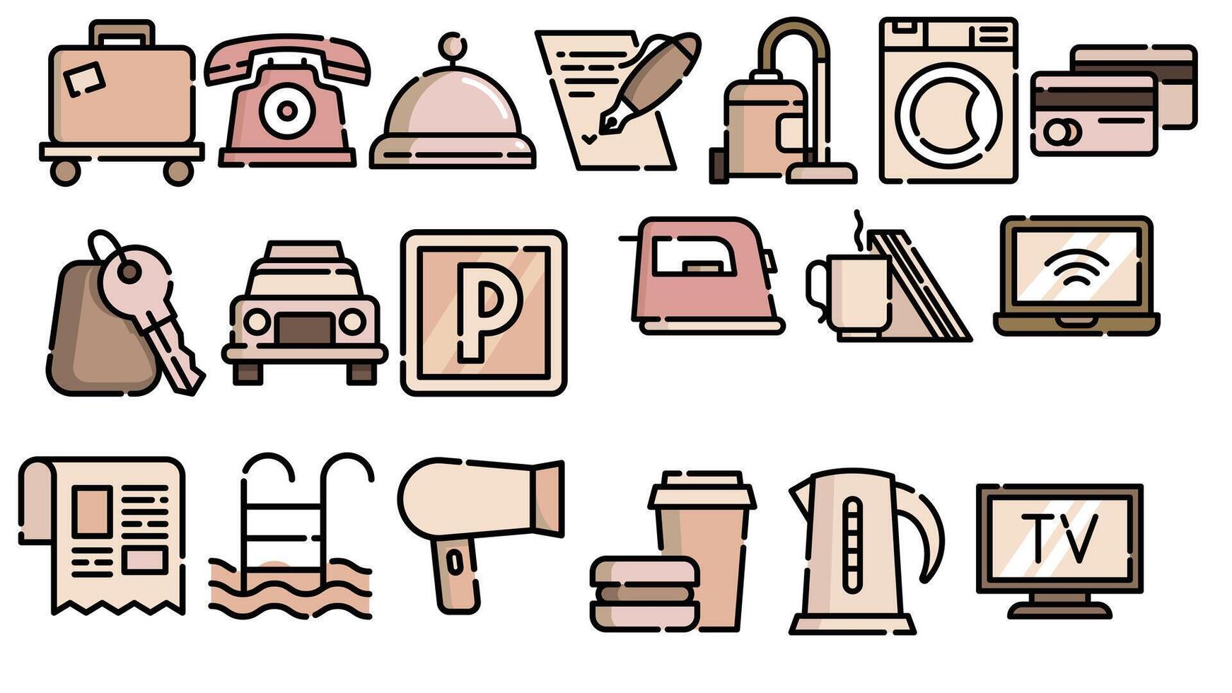 Hotel rooms and facilities vector art outline colored