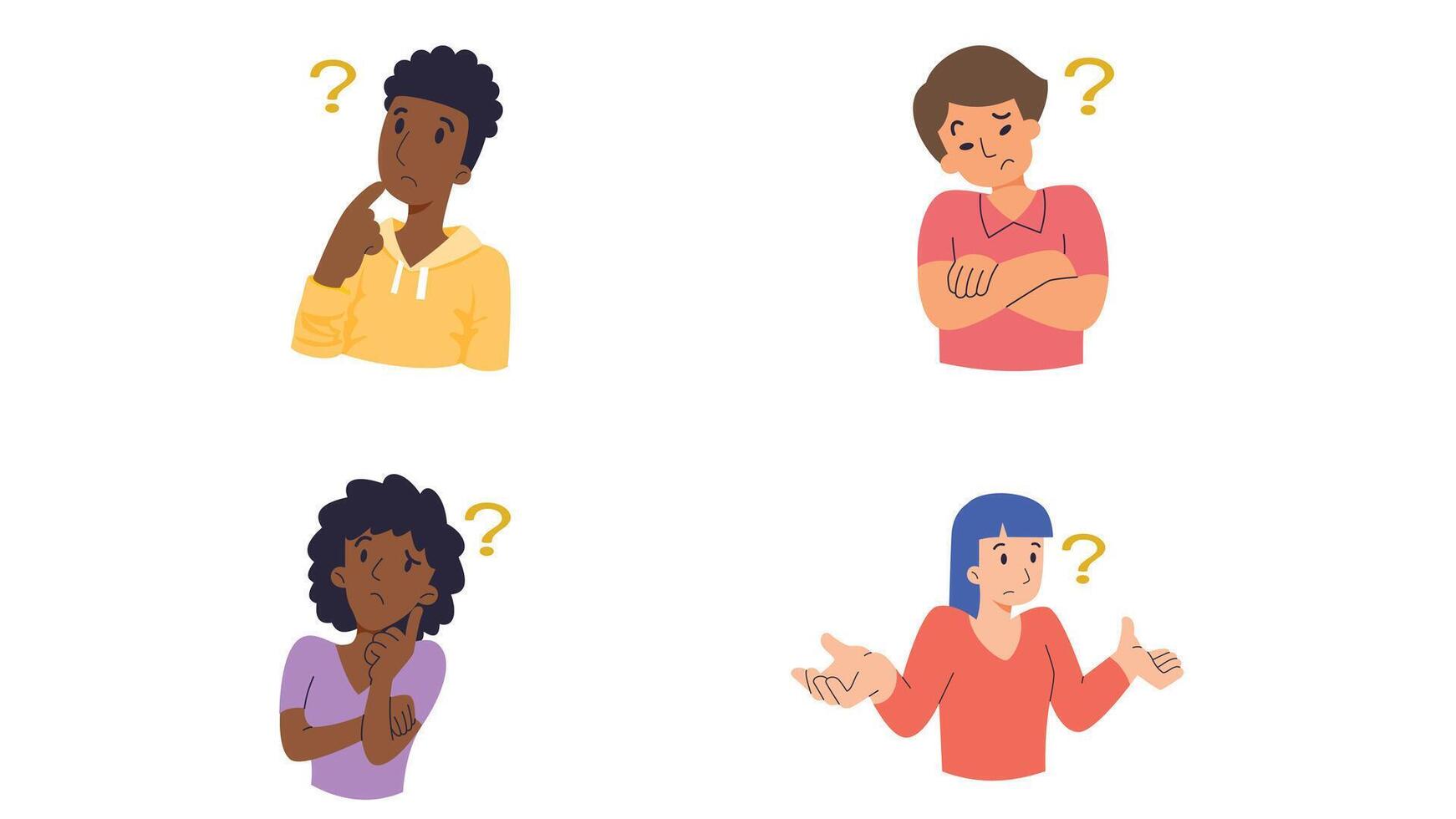 confused and challenged person with question mark on head, thinking person vector illustration