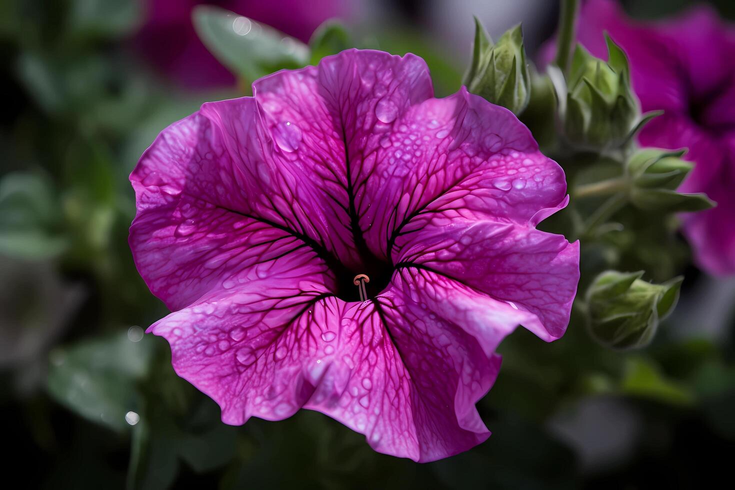 AI generated Petunia - Flower native to South America - Known for their trumpet-shaped blooms in shades of pink, purple, and white. A symbol of tranquility and harmony photo