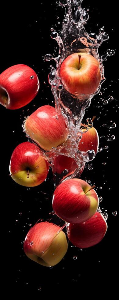 AI generated This tall photo captures the graceful freefall of glistening apples and water, their succulent forms suspended in midair, on a black background showcasing the dynamic beauty of nature