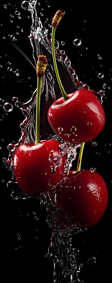 AI generated This tall photo captures the graceful freefall of glistening cherries and water, their succulent forms suspended in midair, on a black background showcasing the dynamic beauty of nature