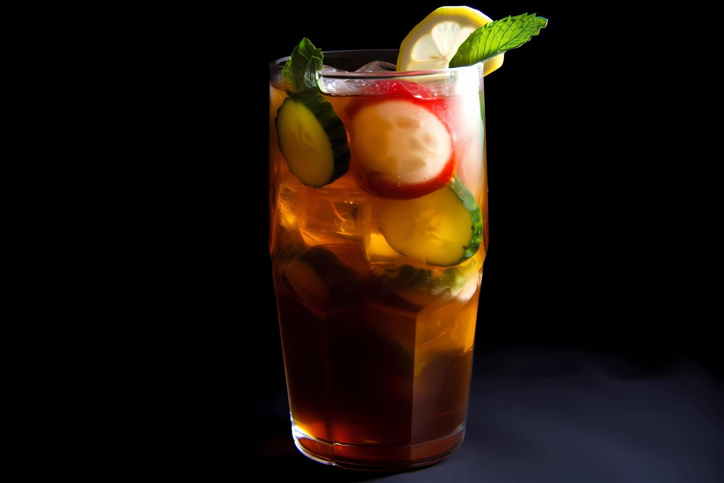 ai generado pimm's taza - originada en Inglaterra, hecho con pimm's n° 1 licor, limonada, fruta, y menta foto