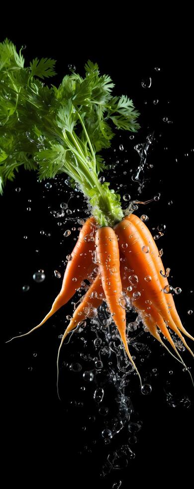 AI generated This tall photo captures the graceful freefall of glistening carrots and water, their succulent forms suspended in midair, on a black background showcasing the beauty of nature's bounty