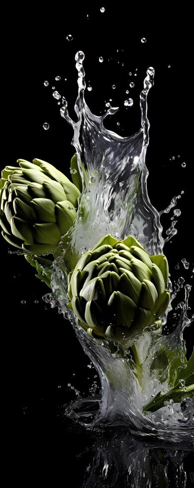 AI generated This tall photo captures the graceful freefall of artichokes and water, their succulent forms suspended in midair, on a black background showcasing the dynamic beauty of nature's bounty