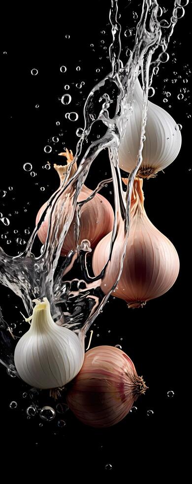 AI generated This tall photo captures the graceful freefall of onions and water, their succulent forms suspended in midair, on a black background showcasing the dynamic beauty of nature's bounty