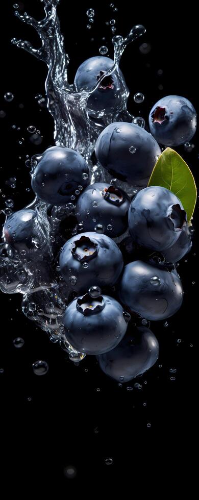 AI generated This tall photo captures the graceful freefall of glistening blueberries and water, their succulent forms suspended in midair on a black background showcasing the dynamic beauty of nature