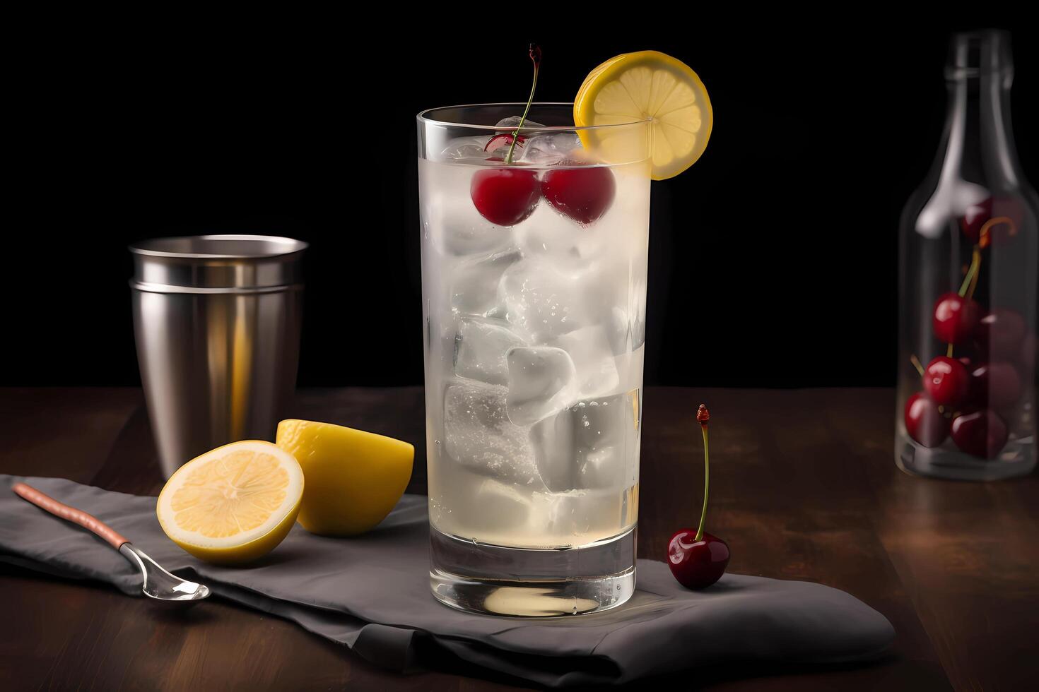 AI generated Tom Collins - Originated in the United States, made with gin, lemon juice, sugar, and soda water photo