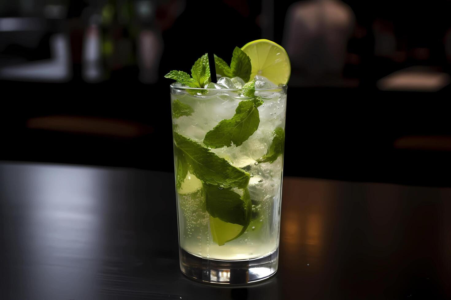 ai generado mojito - originada en Cuba, hecho con blanco Ron, Lima jugo, menta hojas, azúcar, y soda agua foto