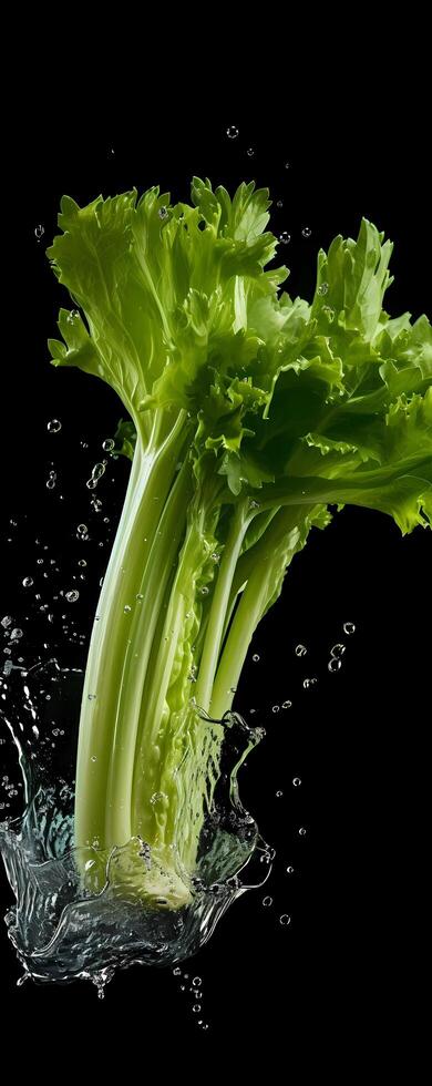AI generated This tall photo captures the graceful freefall of glistening celery and water, their succulent forms suspended in midair, on a black background showcasing the beauty of nature's bounty
