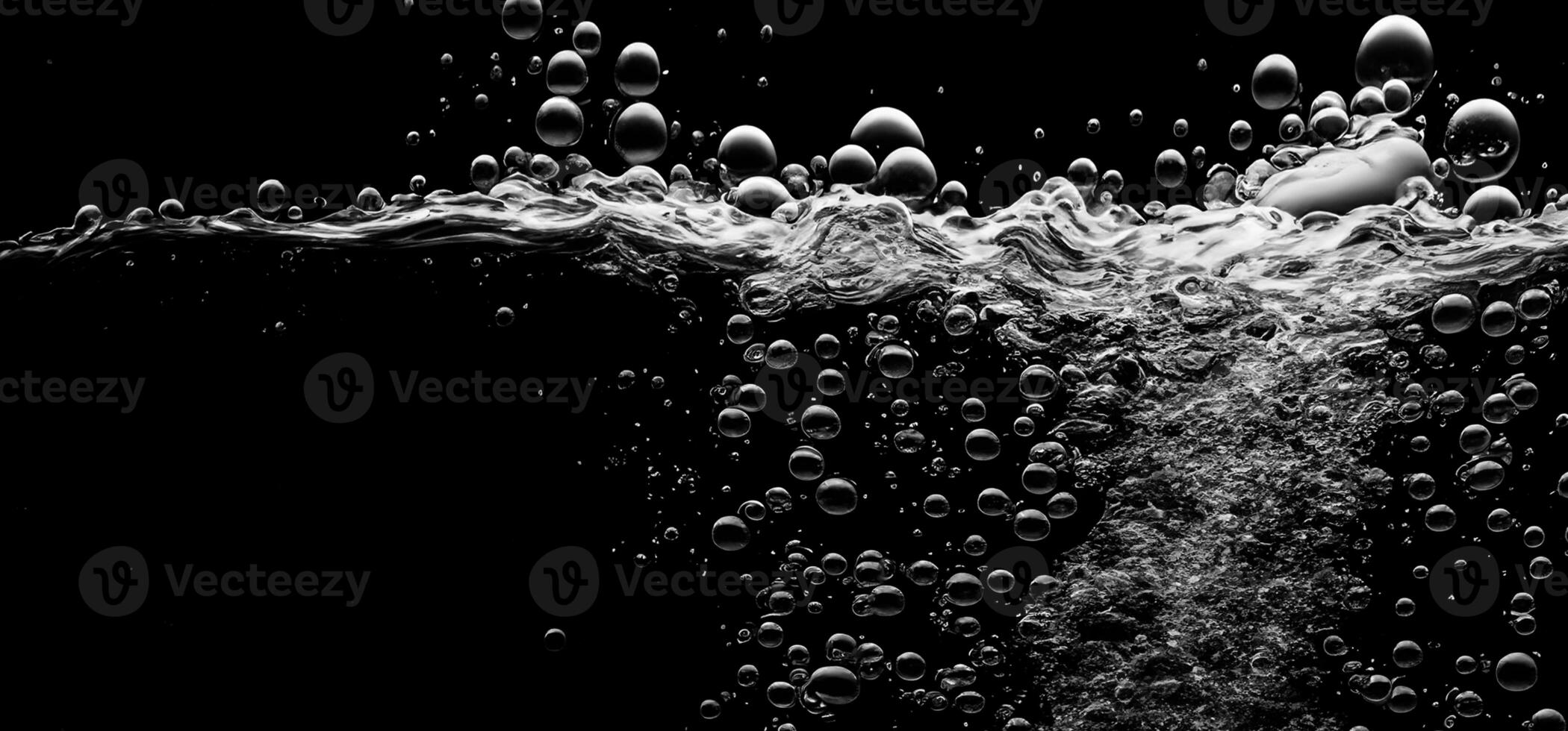 AI generated Soda water bubbles splashing underwater against black background. photo