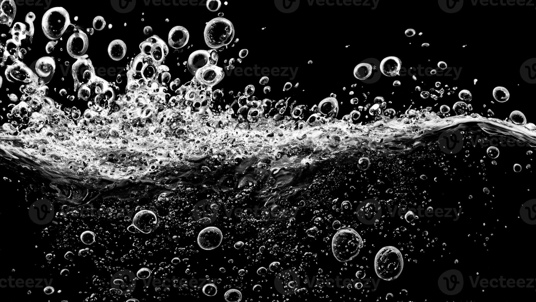 AI generated Soda water bubbles splashing underwater against black background. photo