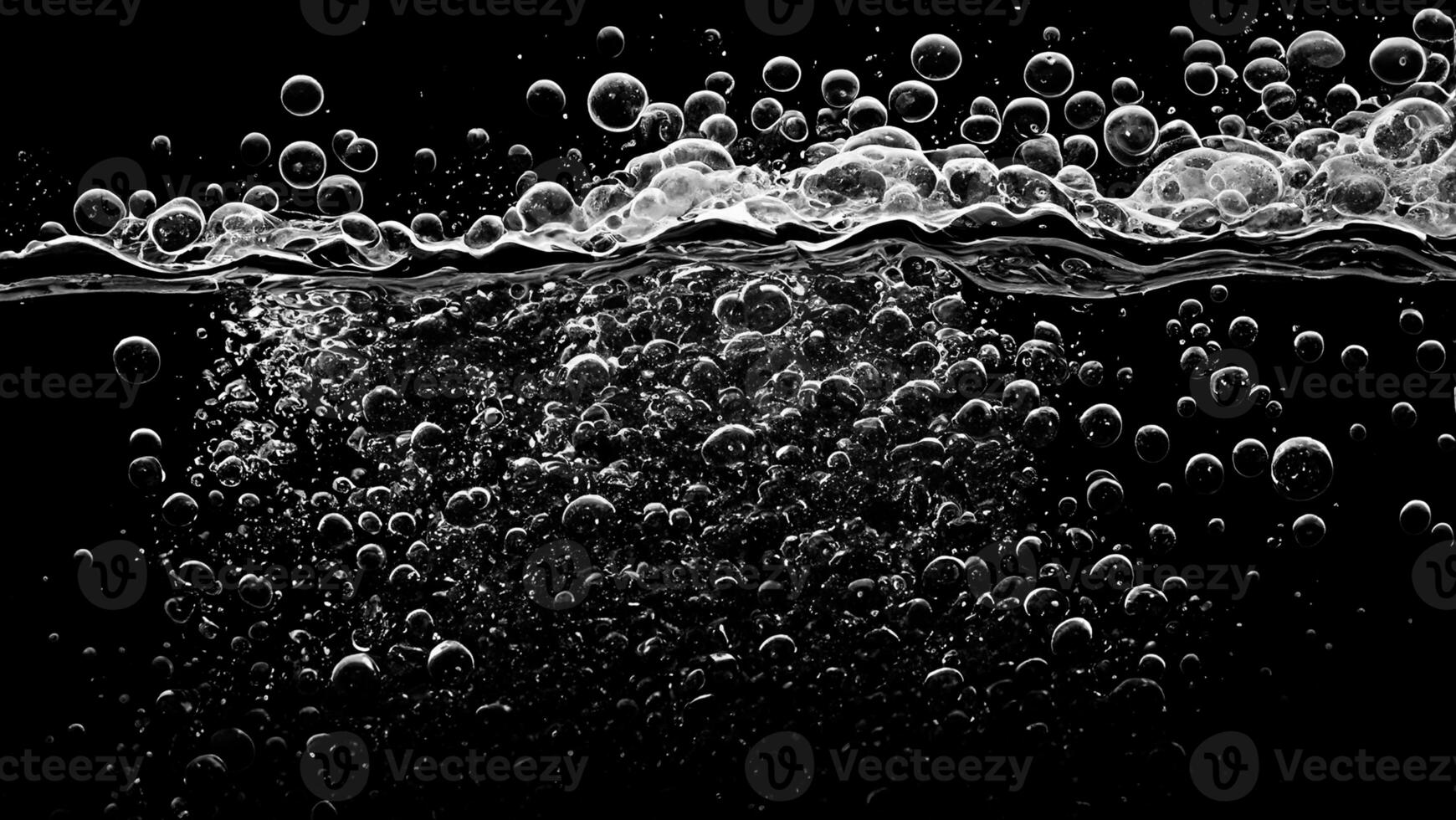 AI generated Soda water bubbles splashing underwater against black background. photo