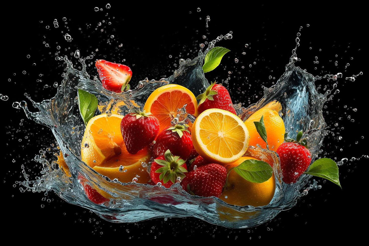 AI generated Water splash with fresh fruit photo