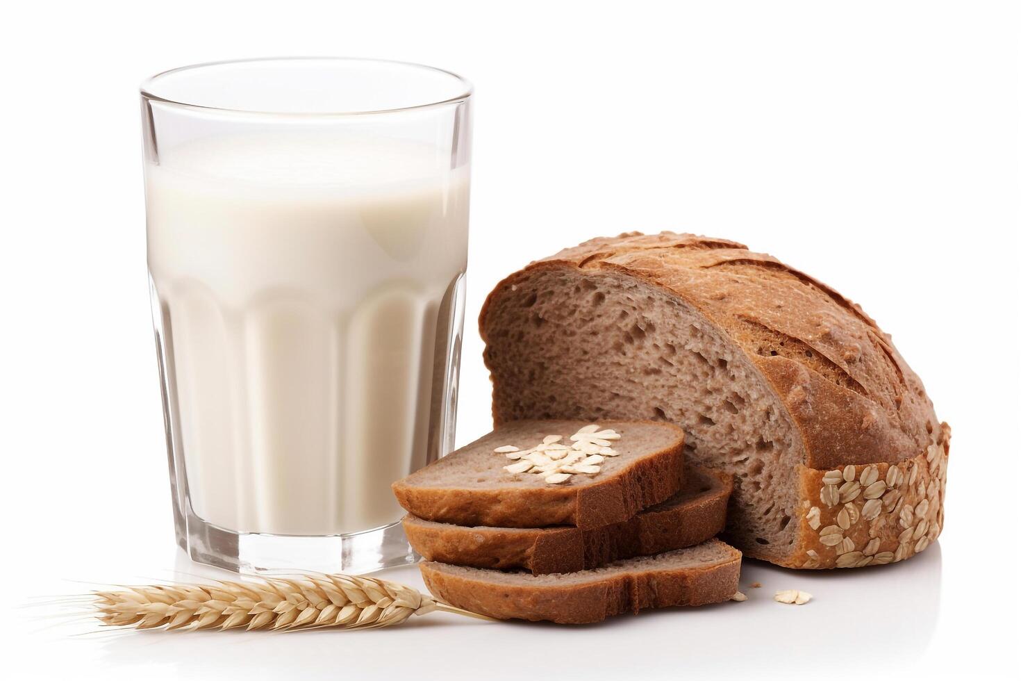 Fresh milk with Whole wheat bread isolated on white background .Generative Ai. photo