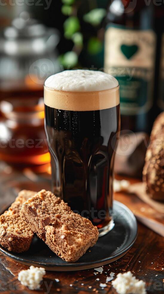 ai generado cerveza negra cerveza y tradicional irlandesa soda un pan. irlandesa pub con S t. patrick's día decoración. ai generado foto