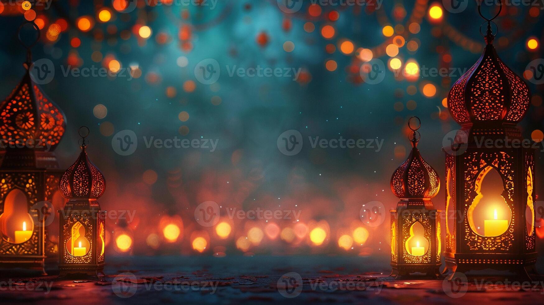 AI generated Abstract background with Eid al-Fitr lanterns on dark backdrop. Banner with copy space. AI Generated photo