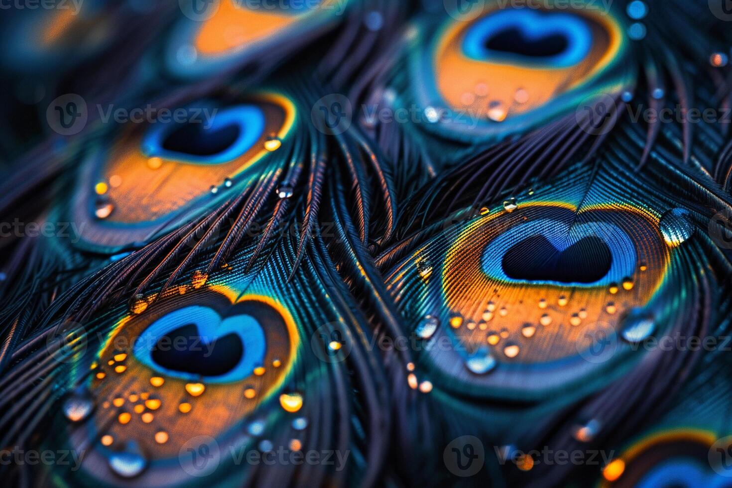 AI generated Extreme Macro shot of Peacock Feathers with Sparkling Water Droplets. Earth Day. AI Generated photo
