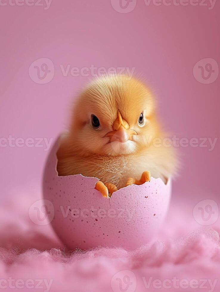 ai generado linda pequeño polluelo sentado en agrietado cáscara de huevo. suave pastel rosado Pascua de Resurrección saludo tarjeta. ai generado foto