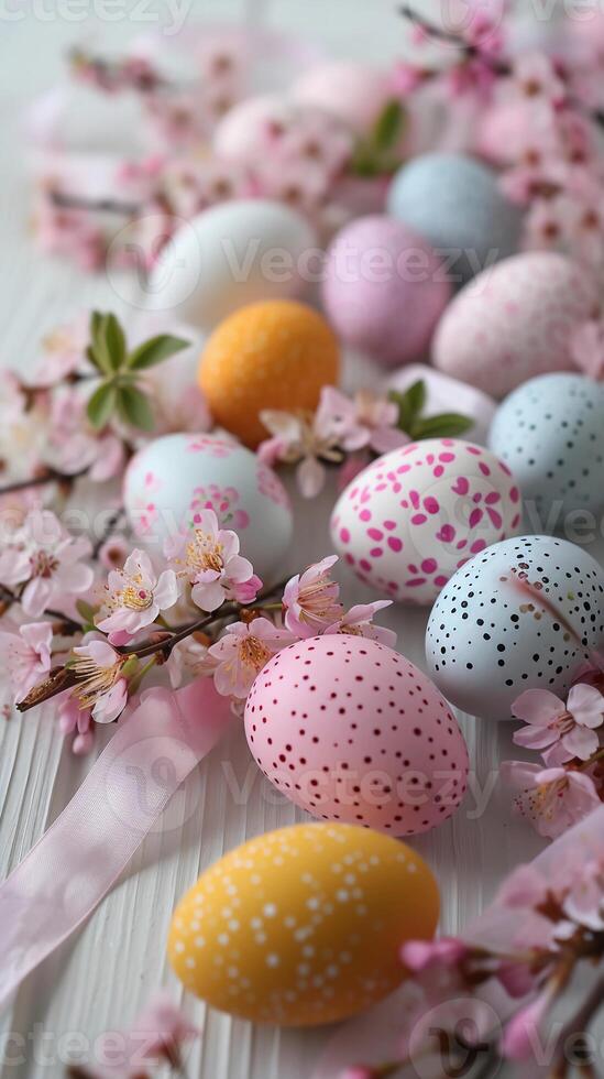 AI generated Easter eggs of pastel colors. Light wooden surface, spring flowers, and satin ribbons. AI Generated photo