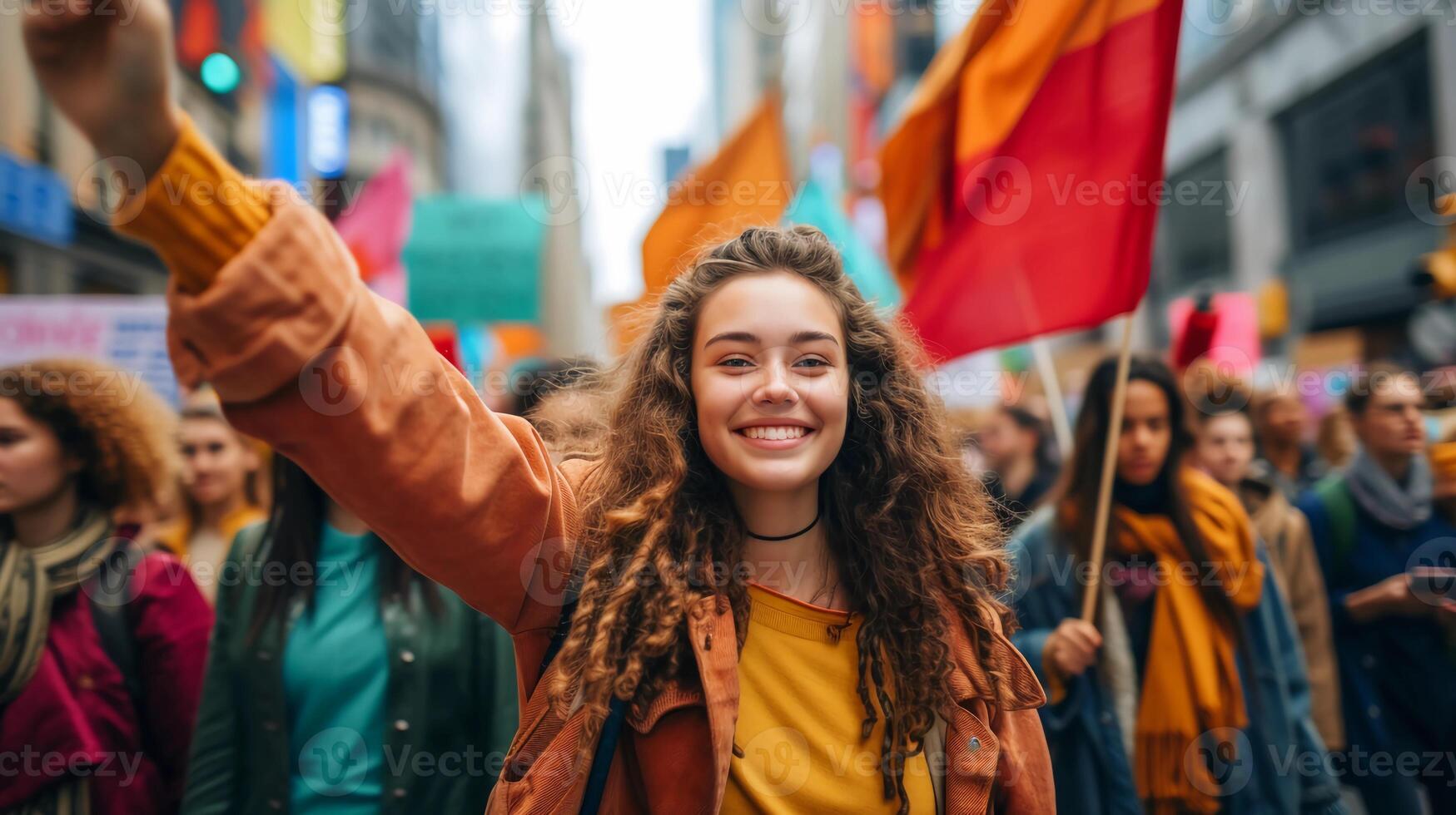 ai generado De las mujeres marzo. diverso Participantes caminando abajo un calle. lucha para De las mujeres derechos. ai generado foto