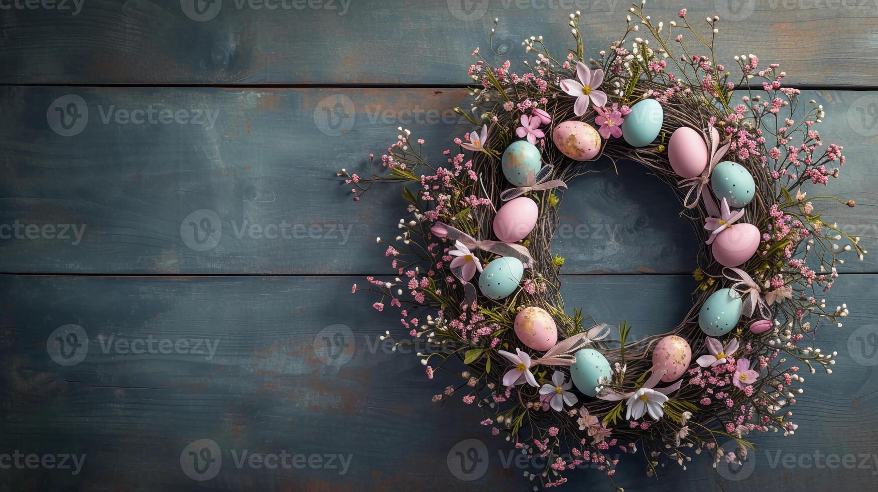 AI generated Easter wreath made of spring flowers, willow twigs, and Easter eggs on wooden surface. AI Generated photo