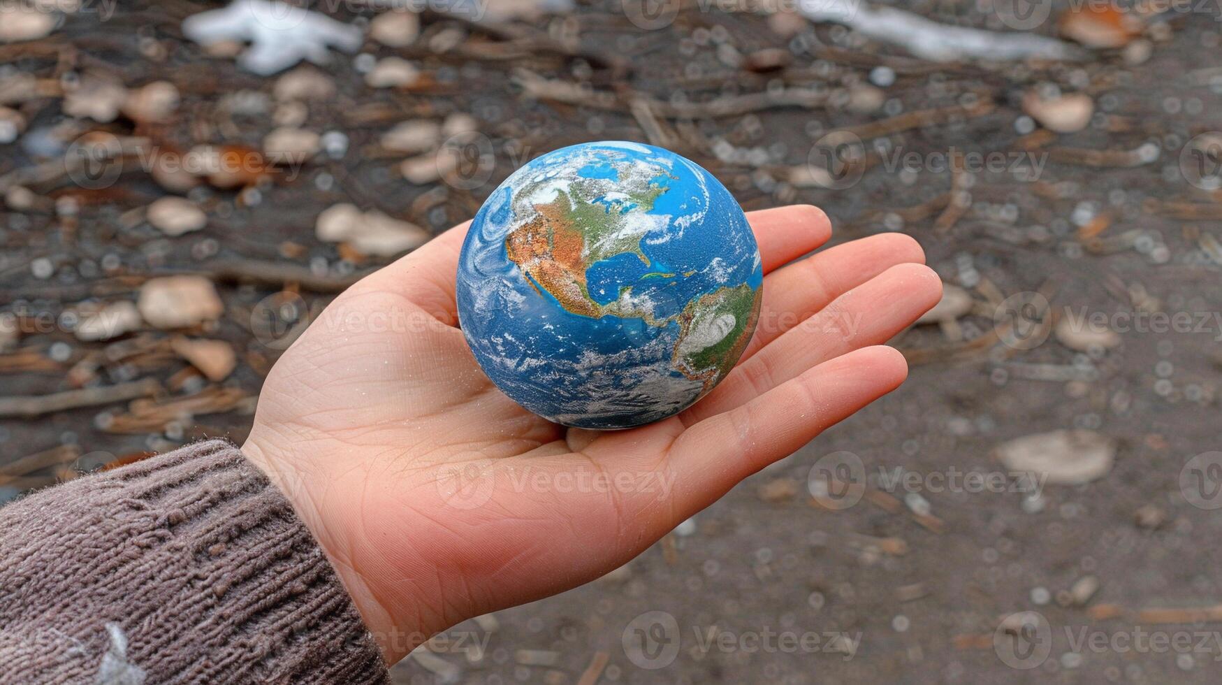 AI generated Kid's Hand Holding Miniature Earth Planet. Eco, Environmental Protection, Earth Day. AI Generated photo