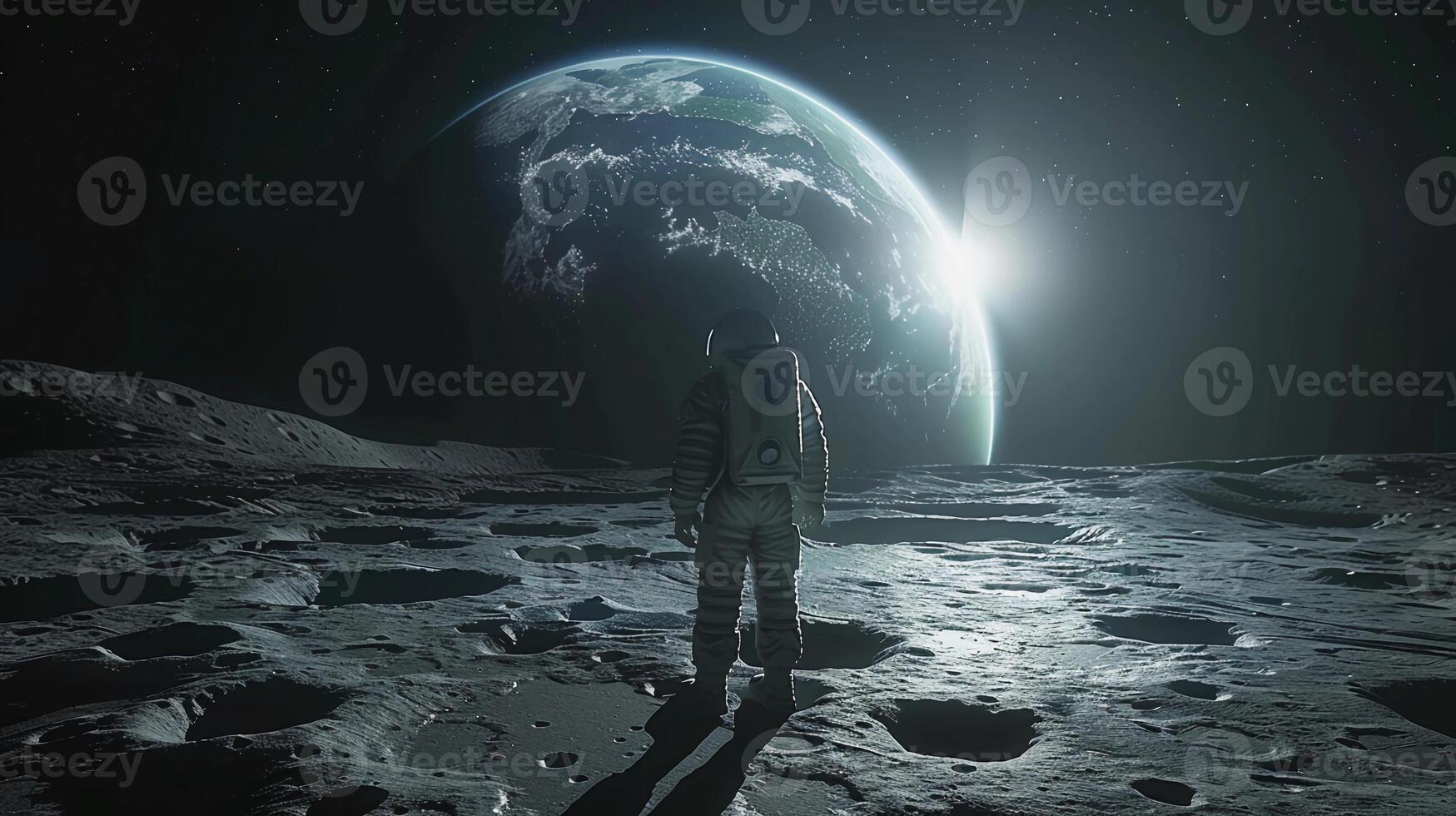 AI generated Astronaut Standing On The Moon Surface, Earth Rising In Background. Human Space Flight. AI Generated photo