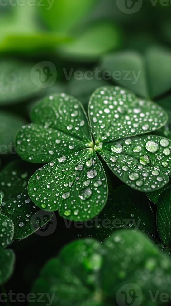 AI generated Irish four leaves Shamrock with drops of dew on leaves. St. Patrick's Day wallpaper. AI Generated photo