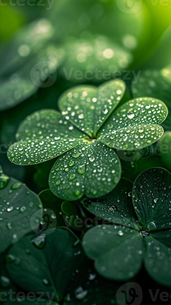 AI generated Irish four leaves Shamrock with drops of dew on leaves. St. Patrick's Day wallpaper. AI Generated photo