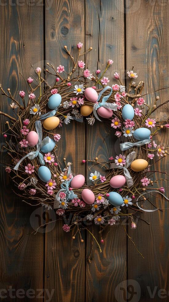 AI generated Easter wreath made of spring flowers, willow twigs, and Easter eggs on wooden surface. AI Generated photo