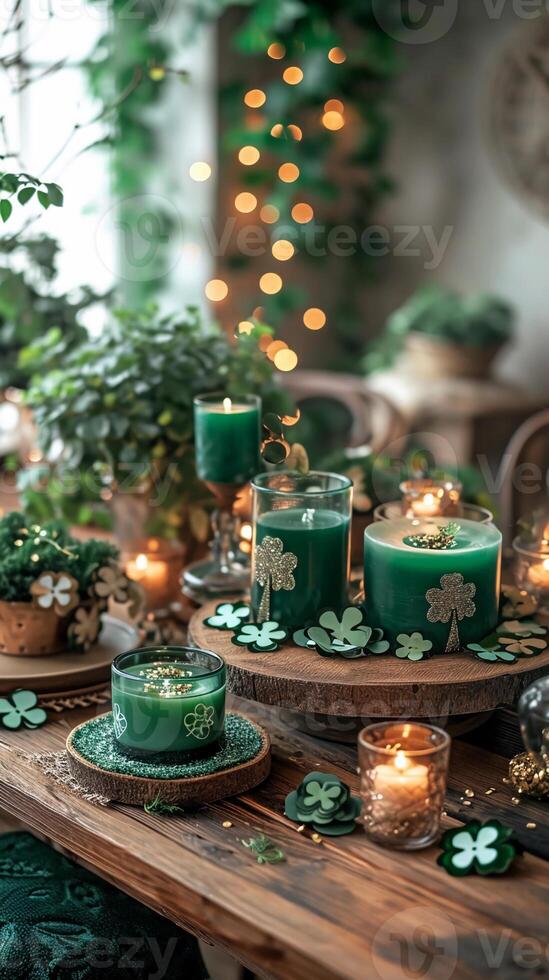 AI generated Rustic wooden table with St. Patrick's Day green candles, shamrocks, and pot of gold. AI Generated photo