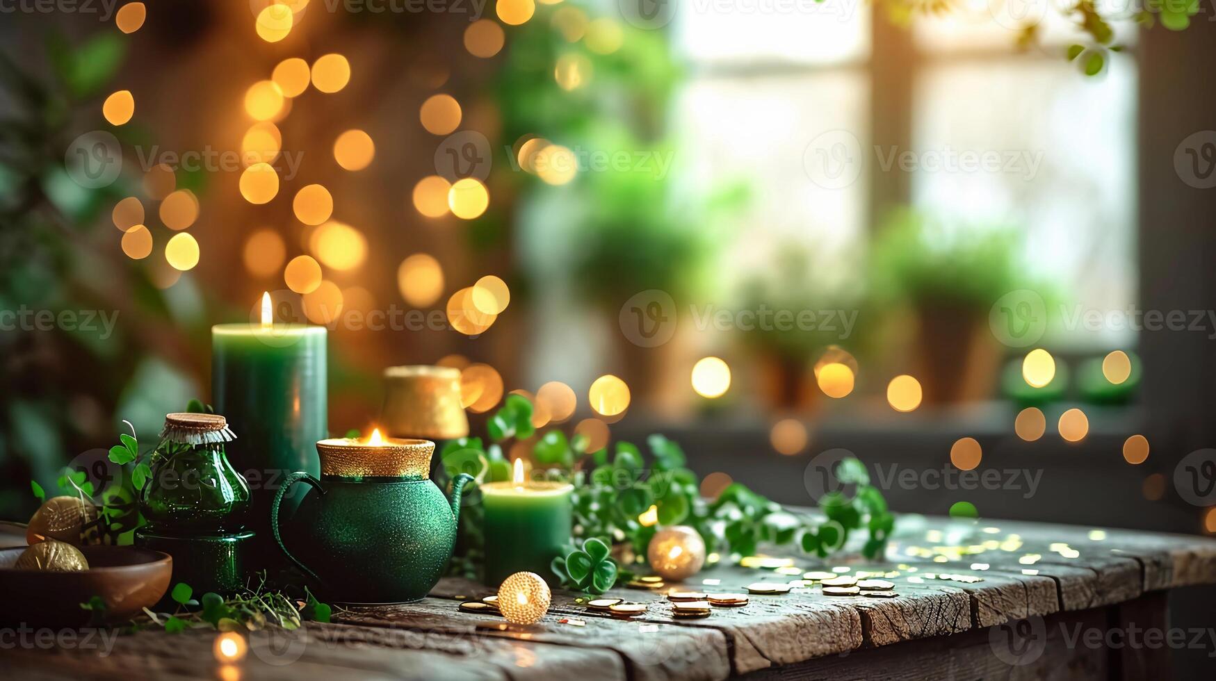 AI generated Rustic wooden table with St. Patrick's Day green candles, shamrocks, and pot of gold. AI Generated photo