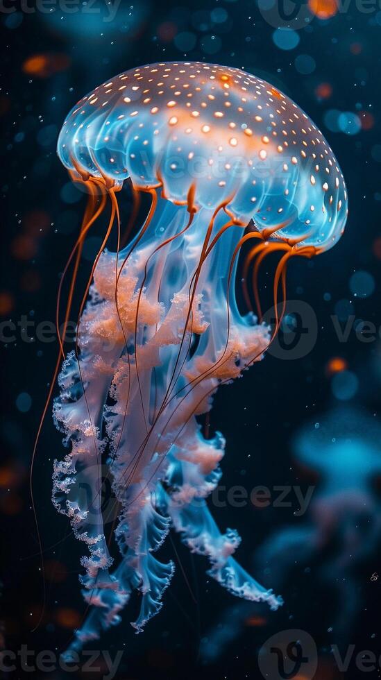 AI generated Macro Shot of Luminescent Jellyfish. Intricate Patterns, Translucent Body. Earth Day. AI Generated photo