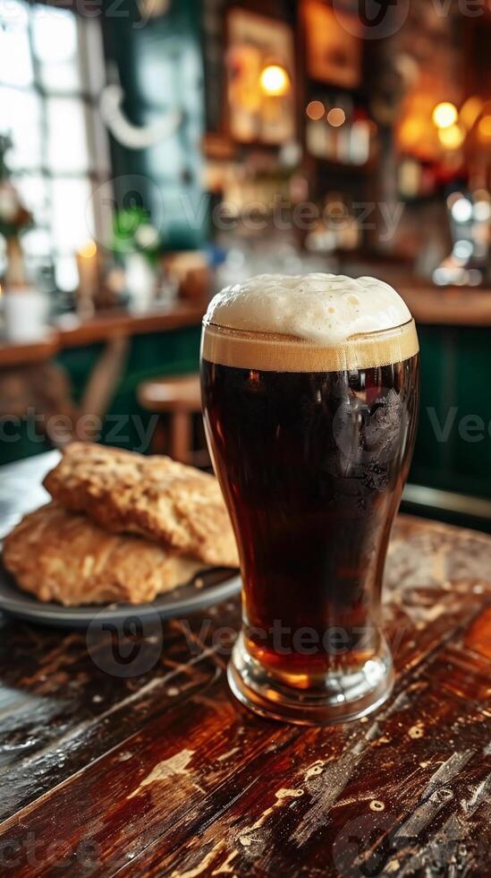 AI generated Stout beer and traditional Irish soda bread. Irish pub with St. Patrick's Day decor. AI Generated photo