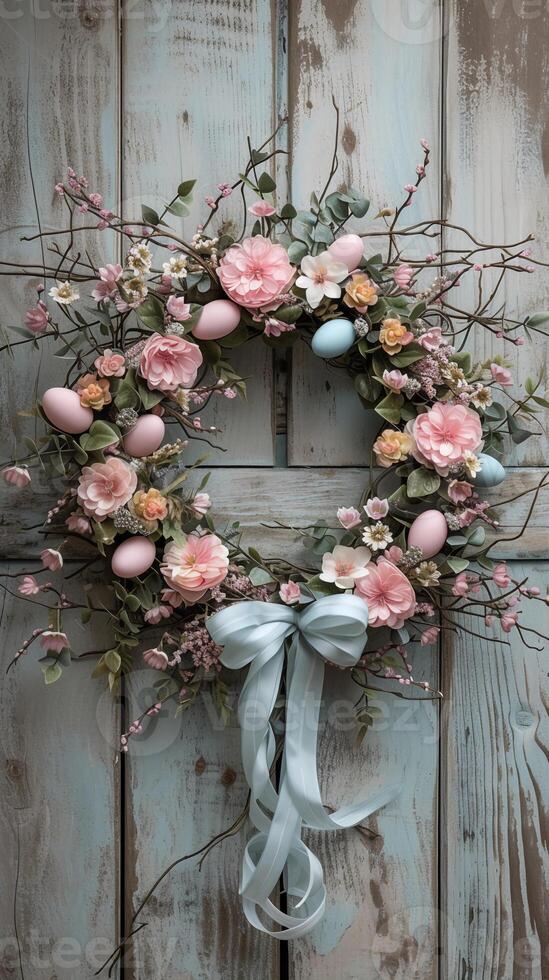 AI generated Easter wreath made of spring flowers, willow twigs, and Easter eggs on wooden surface. AI Generated photo