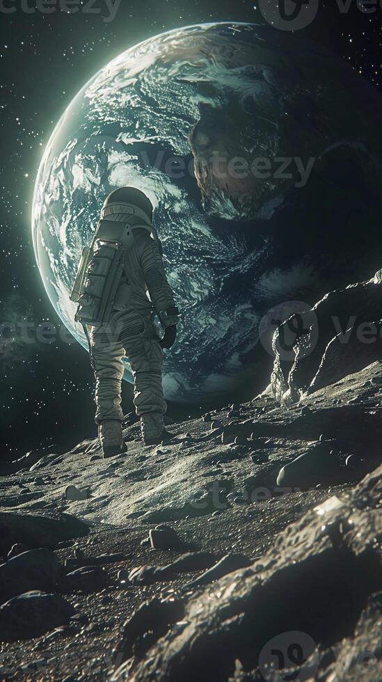 AI generated Astronaut Standing On The Moon Surface, Earth Rising In Background. Human Space Flight. AI Generated photo