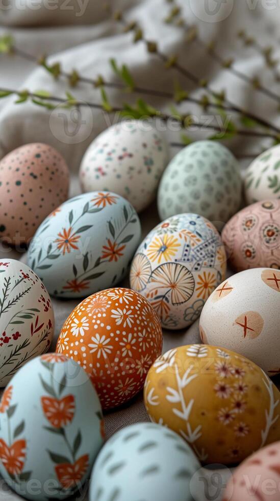 AI generated Easter eggs decorated with natural plant patterns. Natural linen fabric background. Organic and eco-stylish wide-format banner. AI Generated photo