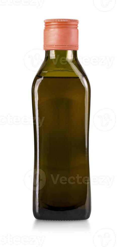 Olive oil bottle with red cap isolated on white background photo